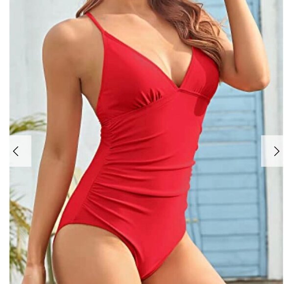 Tempt Me Womens 1 Piece Swimsuit XXL Red V Neck Cross-back Straps Tummy Control - Picture 3 of 6